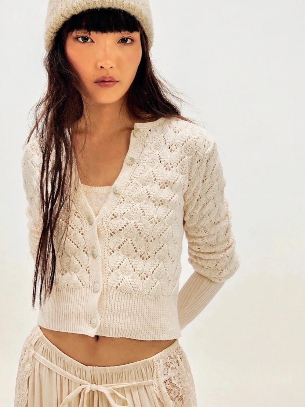 Free People Pretty In Pointelle Ivory Cardigan XS NWT